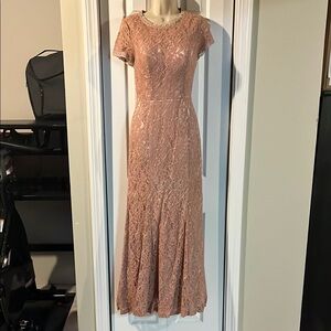 DRESSTELLS Long Lace Bridesmaid Dress Short Sleeved Evening Party Dress Blush